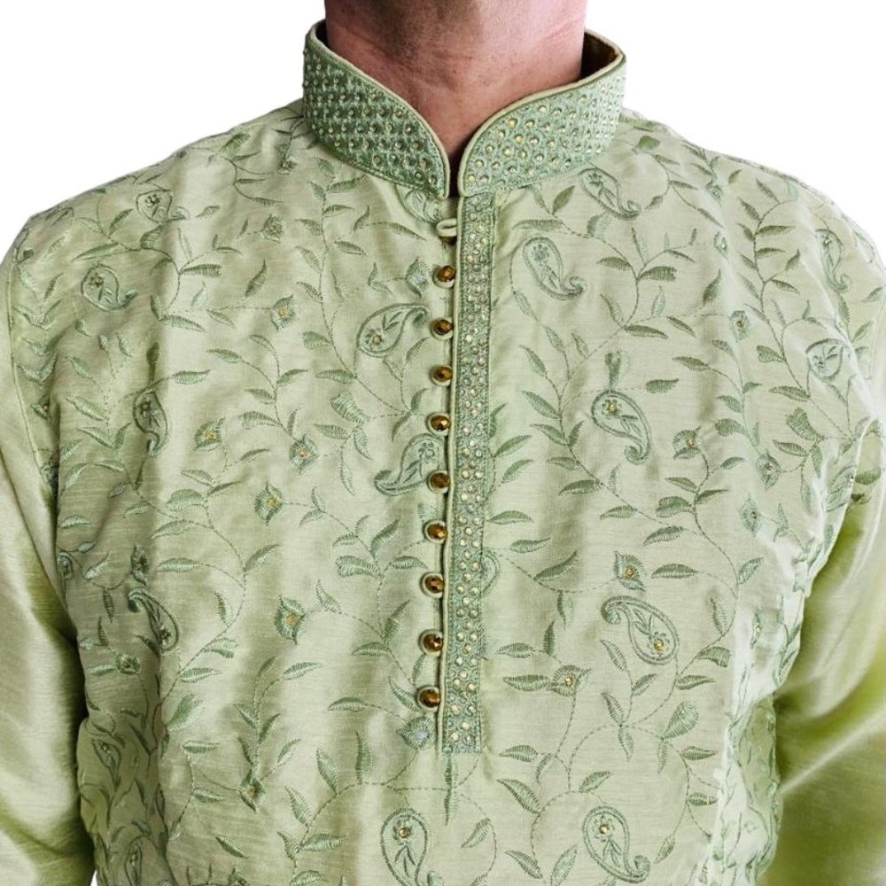Men's Indian Olive Green Embroidered stone work Silk Kurta Set